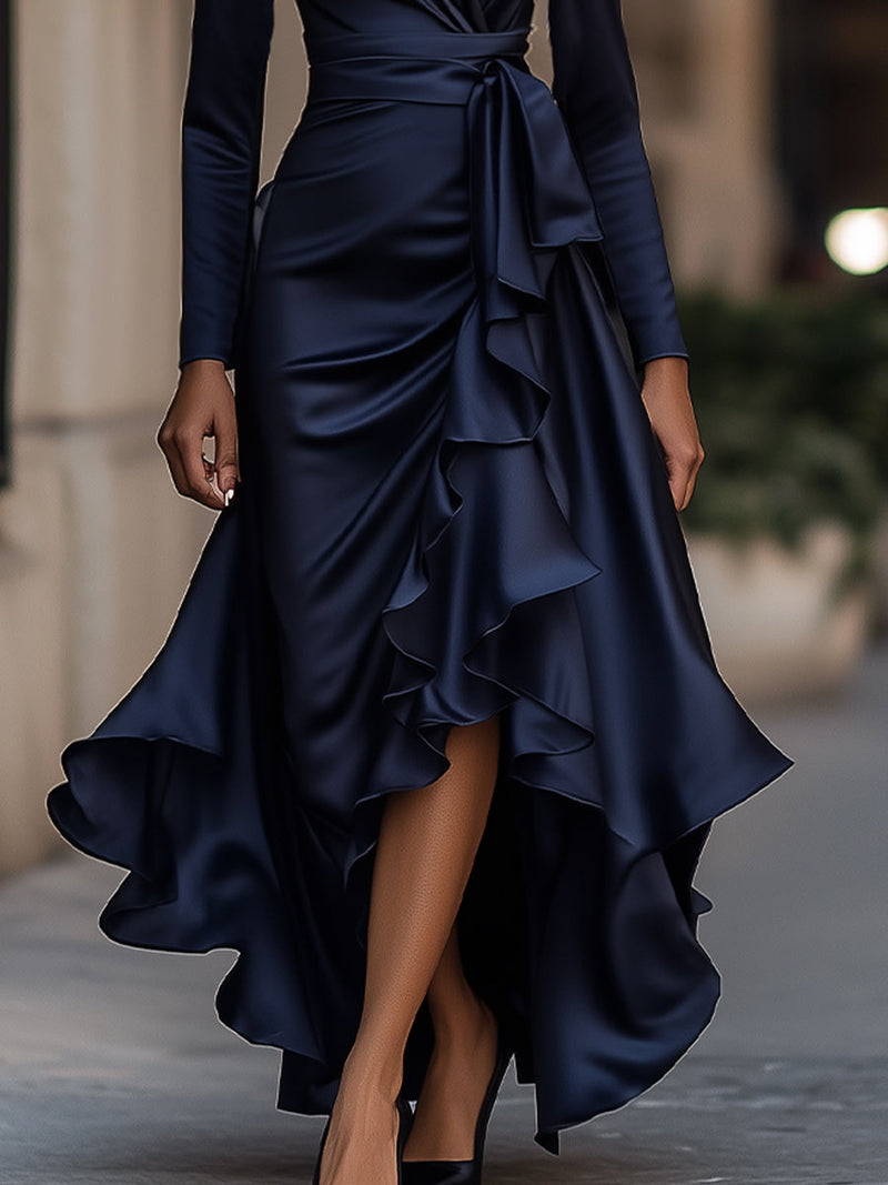 Odile Satin Maxi Dress with Ruffle Hem in Navy Blue, view 3