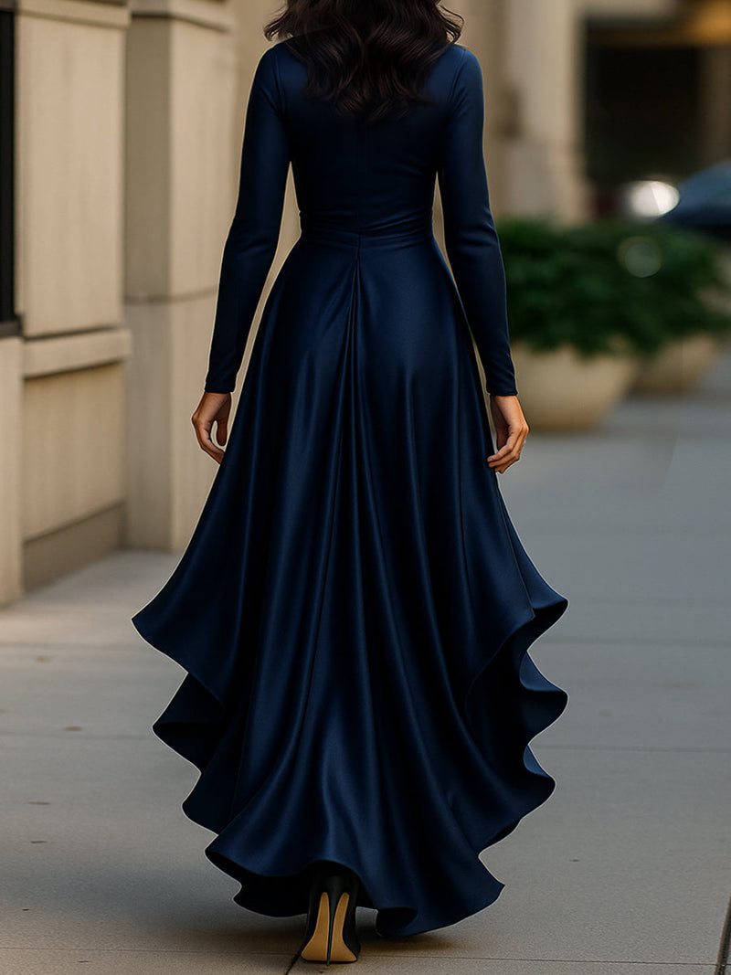 Odile Satin Maxi Dress with Ruffle Hem in Navy Blue, view 4
