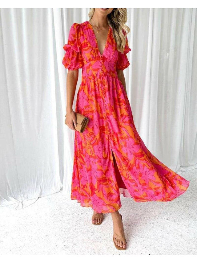 Rosalie Puff Sleeve Maxi Dress in Red and Pink, view 1