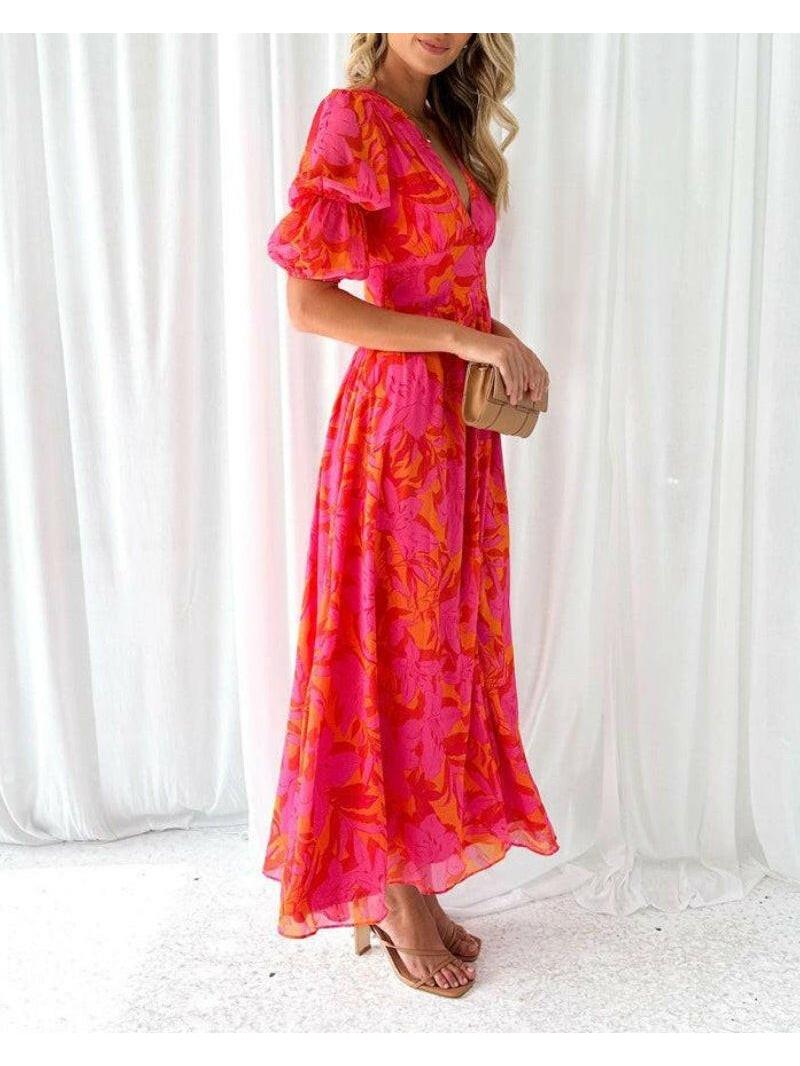 Rosalie Puff Sleeve Maxi Dress in Red and Pink, view 2