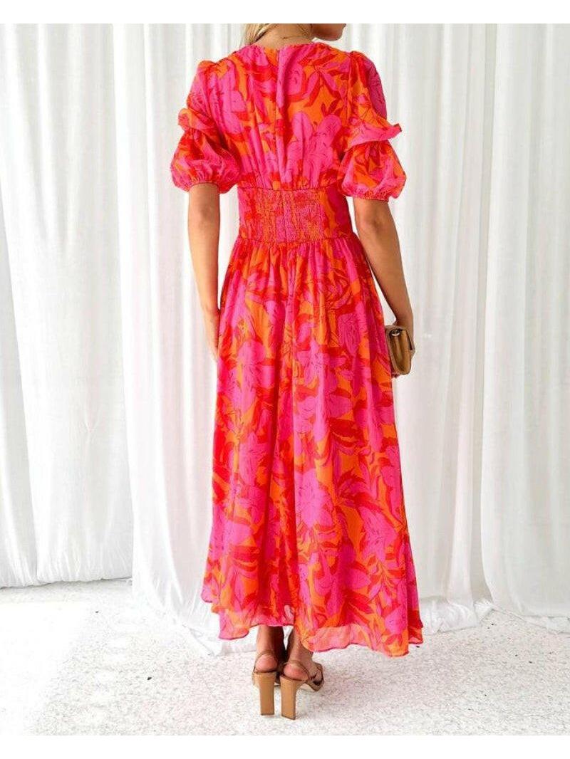 Rosalie Puff Sleeve Maxi Dress in Red and Pink, view 3
