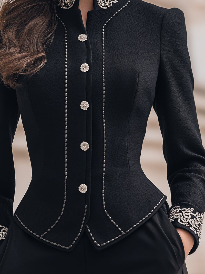 Blanche Tailored Blazer with Ornate Embroidery in Black, view 3