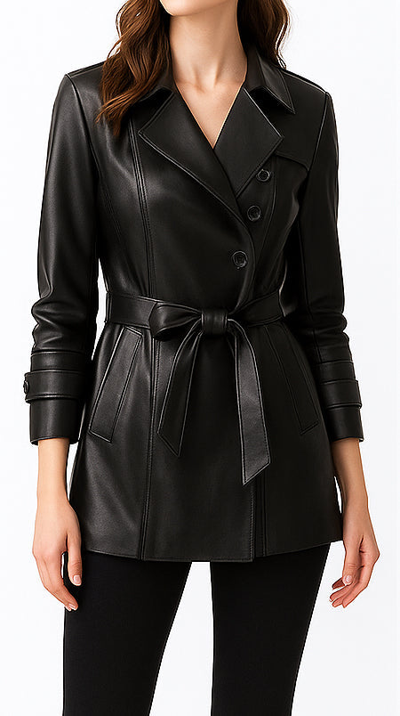 Claire Long Belted Faux Leather Coat in Black, view 1