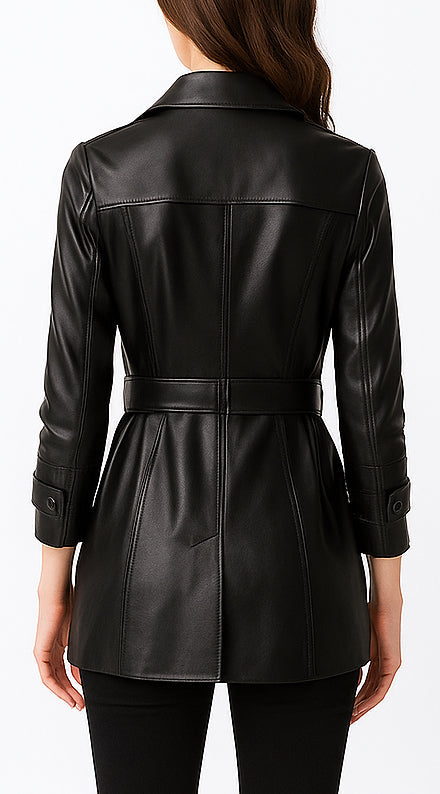 Claire Long Belted Faux Leather Coat in Black, view 2