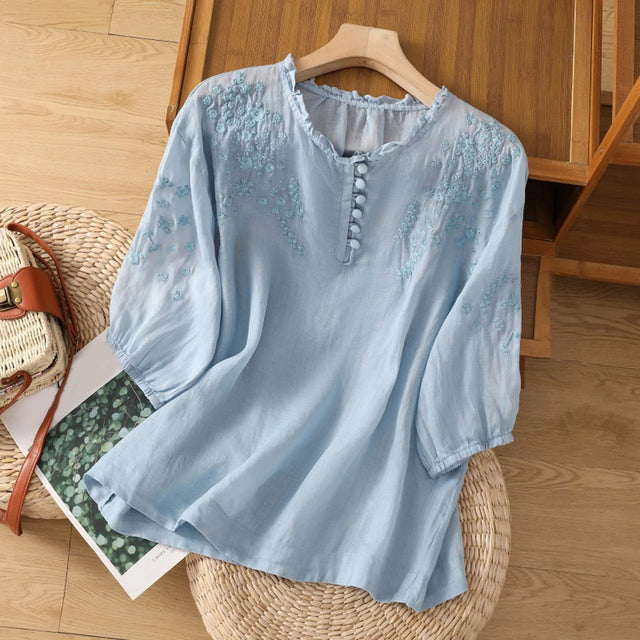 Yolande Embroidered Button-Front Blouse in White, view 1