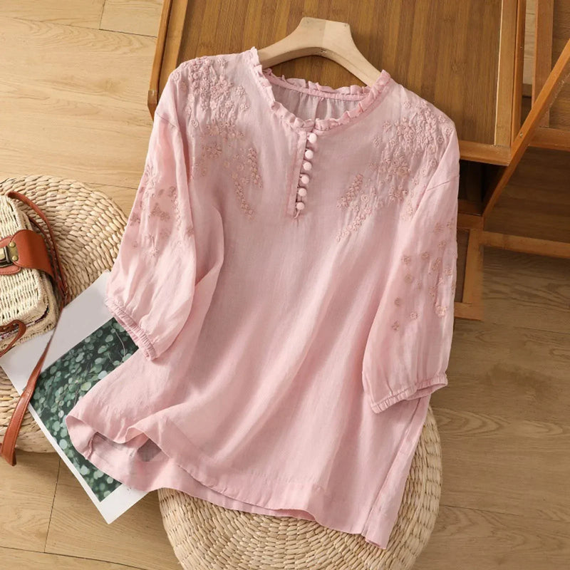 Yolande Embroidered Button-Front Blouse in White, view 2