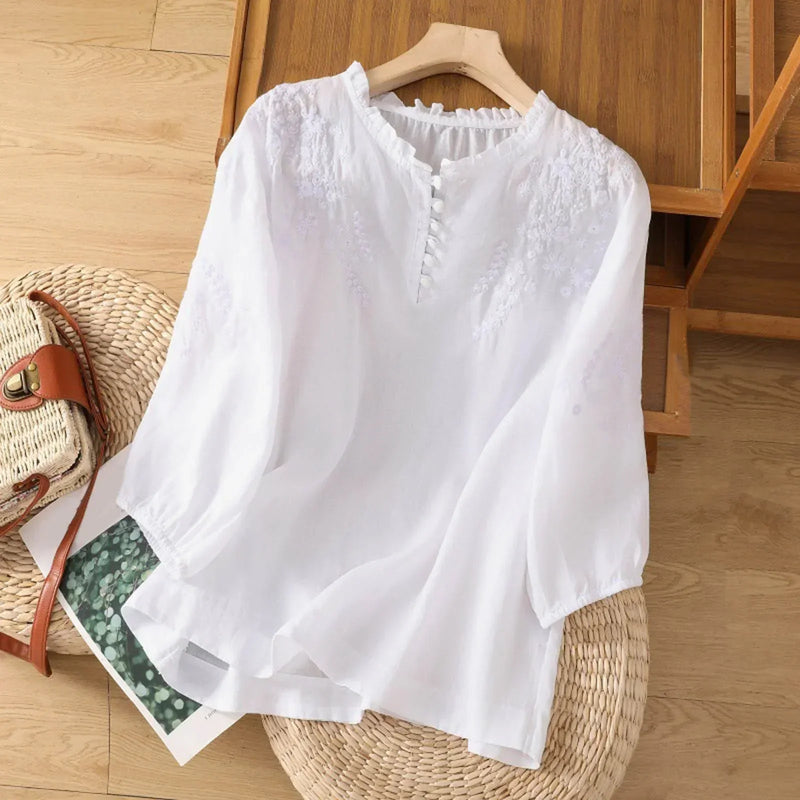 Yolande Embroidered Button-Front Blouse in White, view 3
