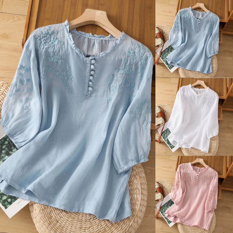 Yolande Embroidered Button-Front Blouse in White, view 5