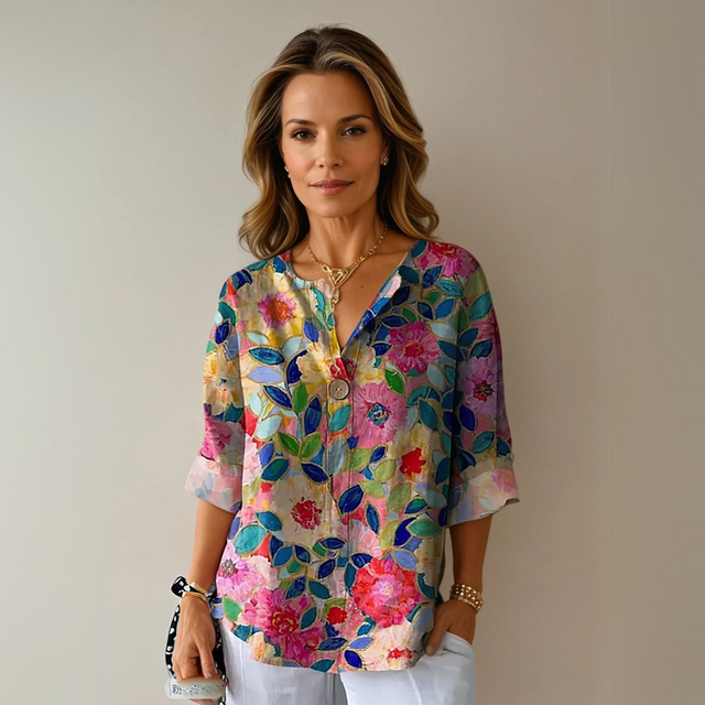 Yvonne Floral Print Blouse in Blue - Pink - Red, view 1