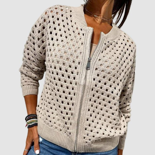 Margaux Ribbed Open-Knit Cardigan in Beige, view 1
