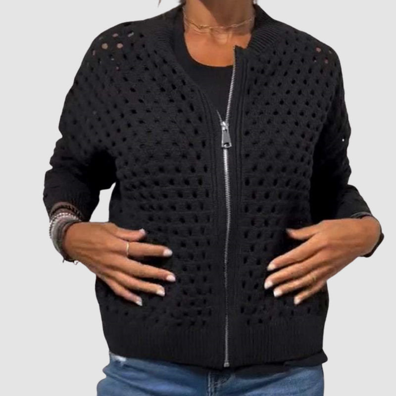 Margaux Ribbed Open-Knit Cardigan in Beige, view 2