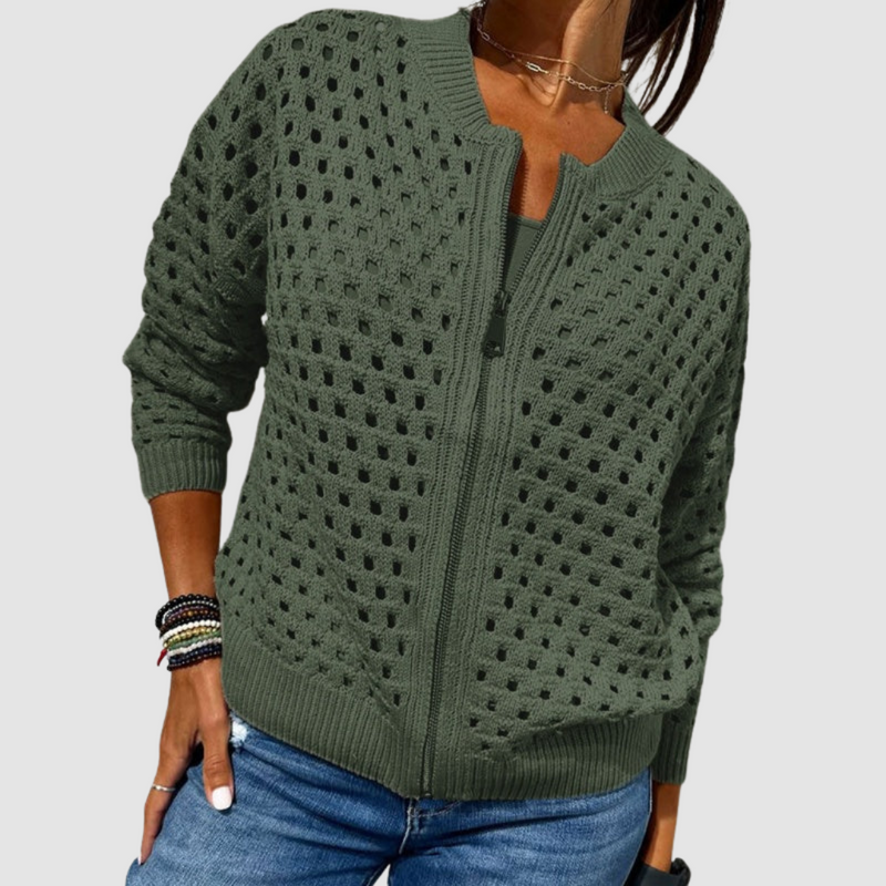 Margaux Ribbed Open-Knit Cardigan in Beige, view 3