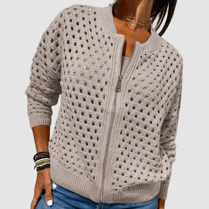 Margaux Ribbed Open-Knit Cardigan in Beige, view 4