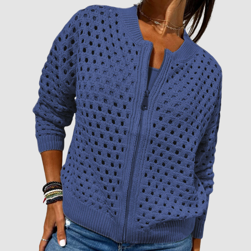 Margaux Ribbed Open-Knit Cardigan in Beige, view 5