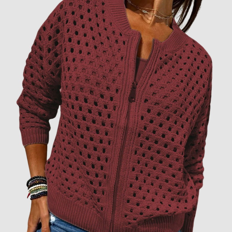 Margaux Ribbed Open-Knit Cardigan in Beige, view 6