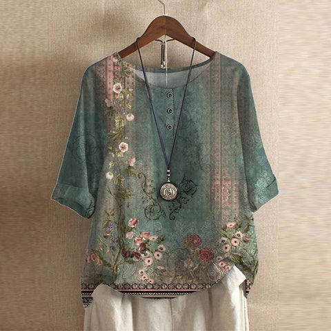Violette Retro Floral Print Blouse in Green, view 1