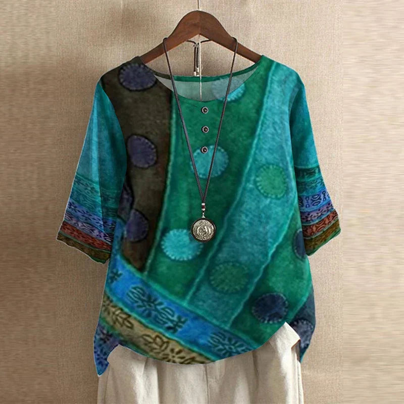 Violette Retro Floral Print Blouse in Green, view 3
