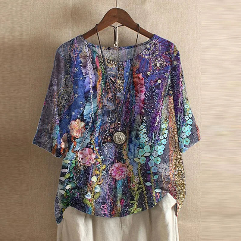 Violette Retro Floral Print Blouse in Green, view 9