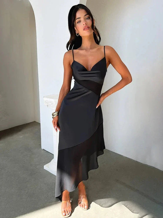 Pauline Satin Midi Dress in Black, view 1