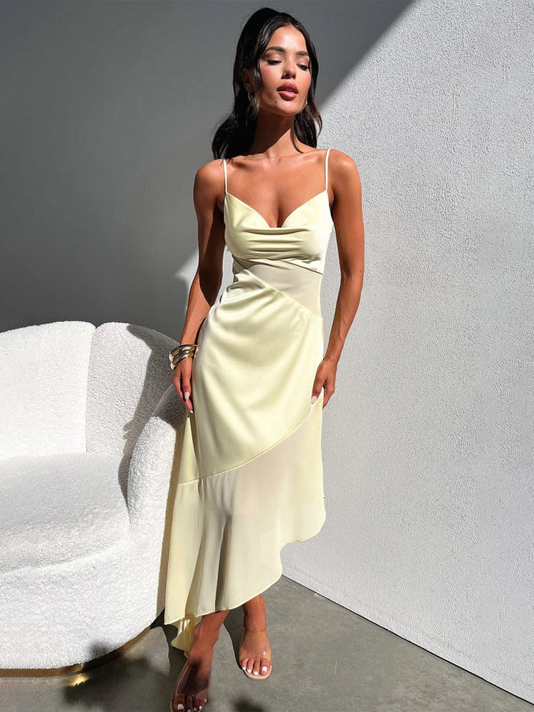 Pauline Satin Midi Dress in Black, view 3