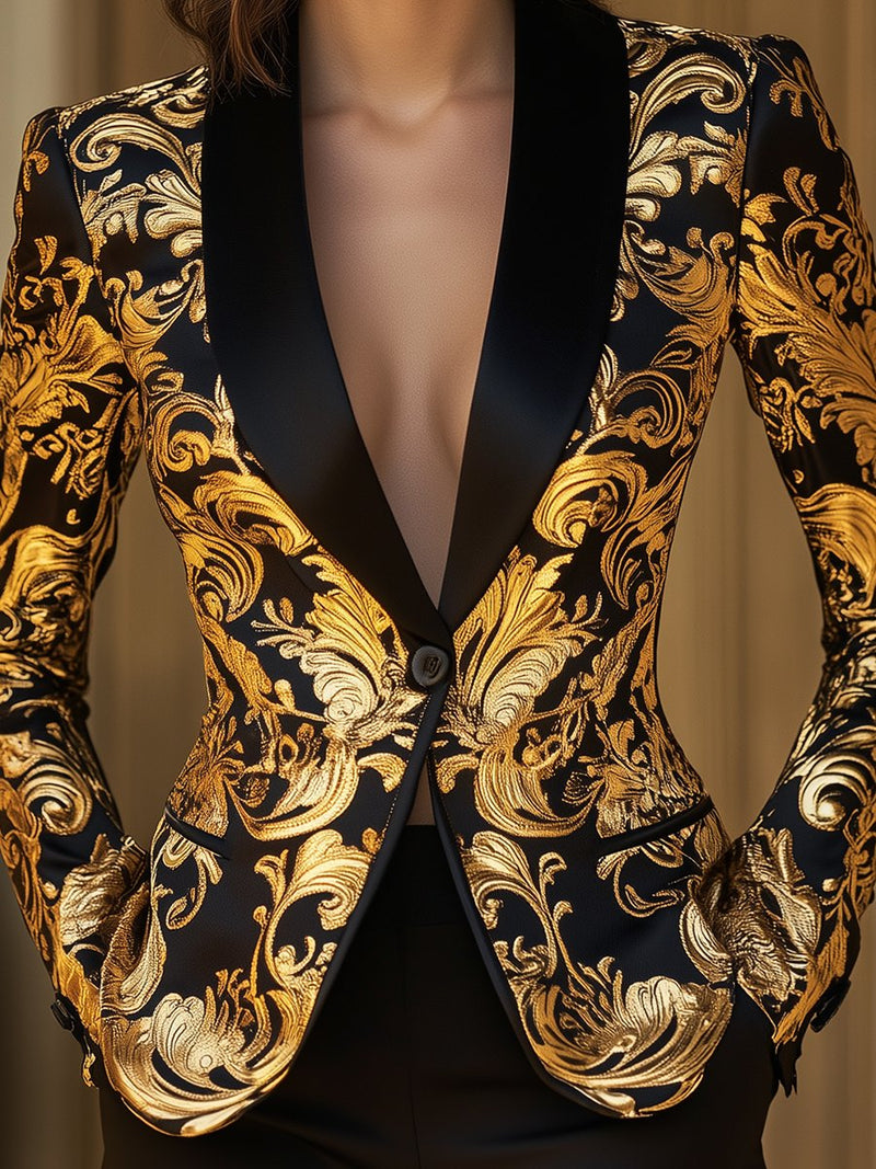 Adèle Black Gold Baroque Tuxedo Blazer in Black-Golden, view 2