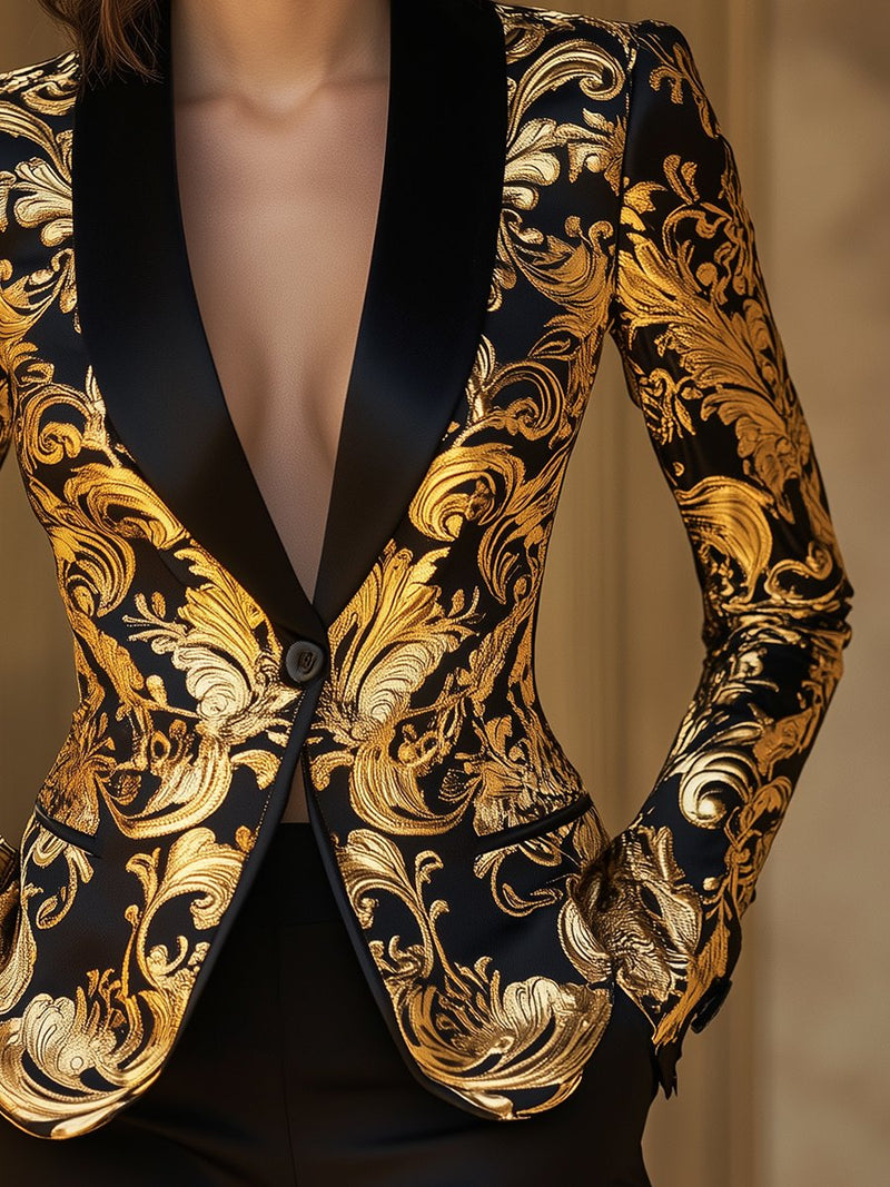 Adèle Black Gold Baroque Tuxedo Blazer in Black-Golden, view 3