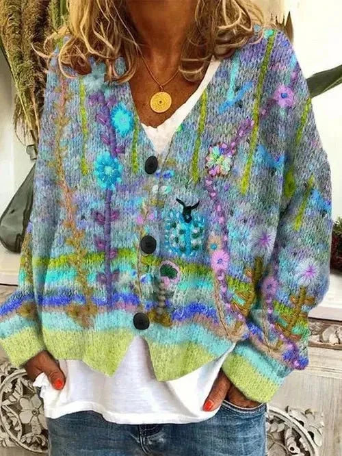 Florence Retro Faux Wool Cardigan in Green, view 2