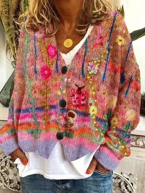 Florence Retro Faux Wool Cardigan in Red, view 3
