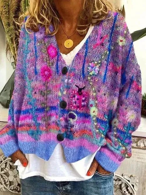 Florence Retro Faux Wool Cardigan in Purple, view 4