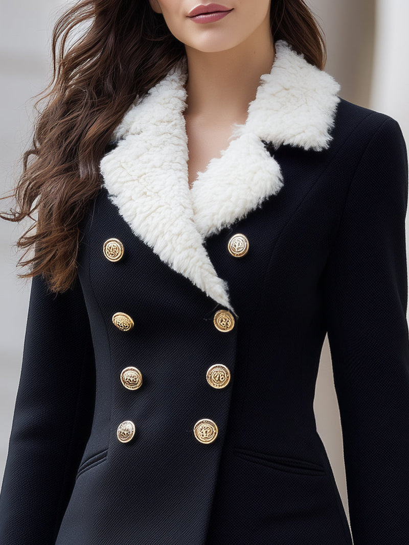 Béatrice Double-Breasted Blazer with Faux Shearling Trim in Black, view 2