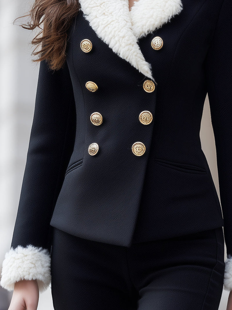 Béatrice Double-Breasted Blazer with Faux Shearling Trim in Black, view 3