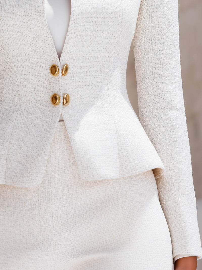 Anaïs Stand Collar Peplum Blazer with Gold Buttons in White, view 3