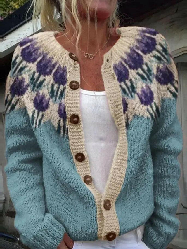 Inès Floral Print Knit Cardigan in Light blue, view 1