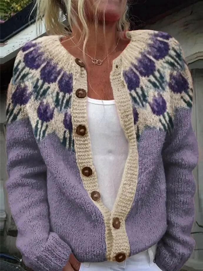 Inès Floral Print Knit Cardigan in Purple, view 2