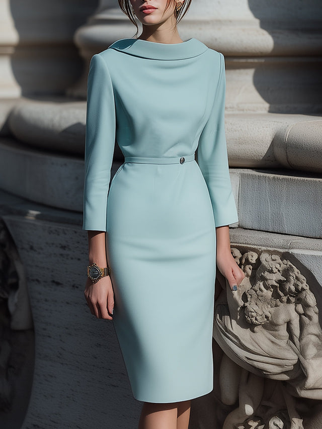 Nadège Draped Collar Midi Dress in Blue, view 1