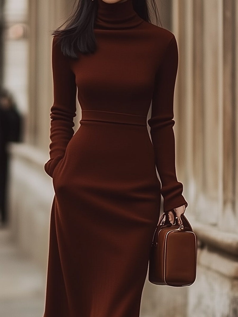 Manon Chocolate Turtleneck Midi Dress in Chocolate, view 2