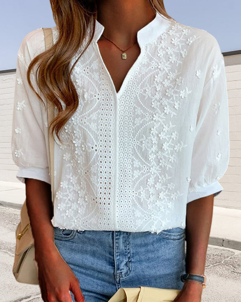 Solène Puff Sleeve V-Neck Blouse in White, view 2