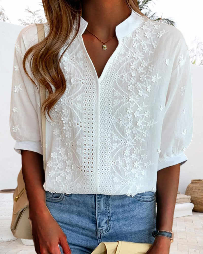 Solène Puff Sleeve V-Neck Blouse in White, view 3