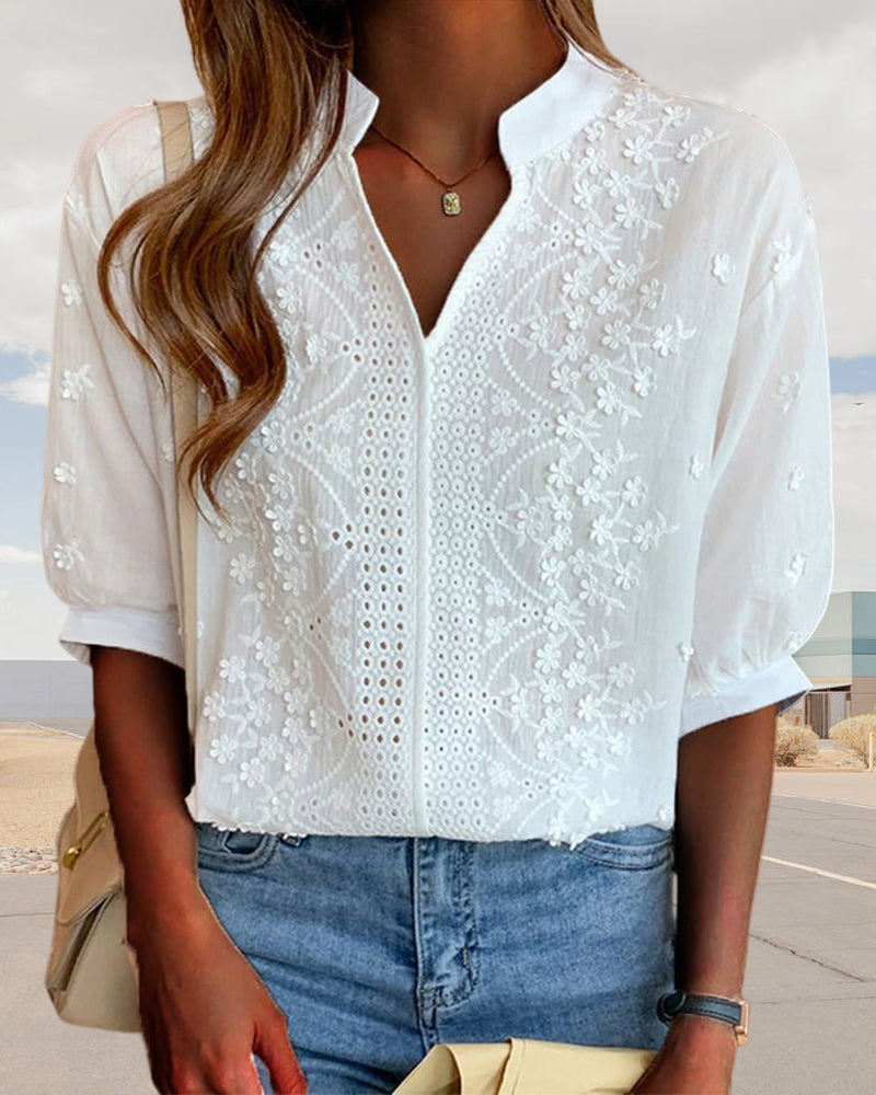 Solène Puff Sleeve V-Neck Blouse in White, view 4