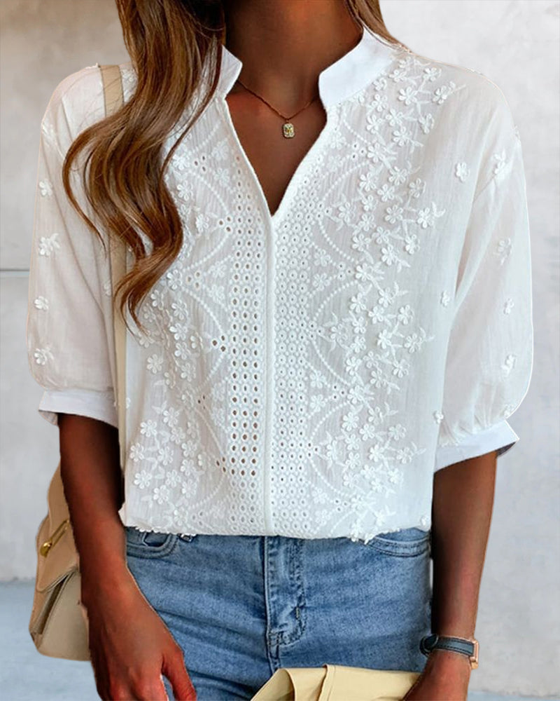 Solène Puff Sleeve V-Neck Blouse in White, view 6