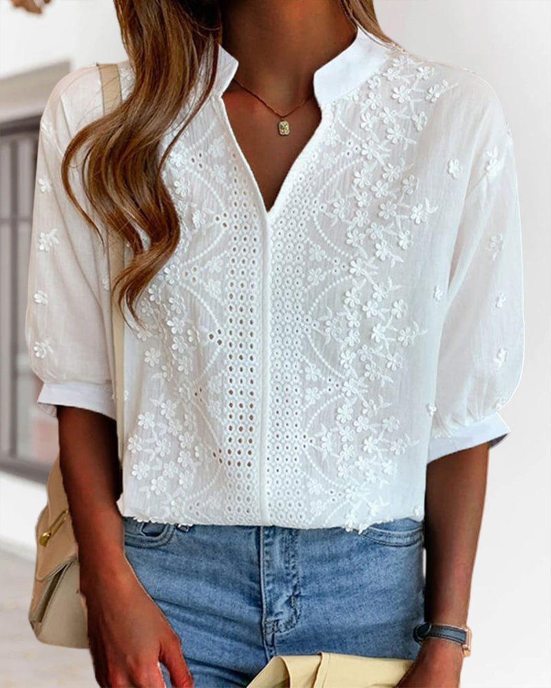 Solène Puff Sleeve V-Neck Blouse in White, view 7