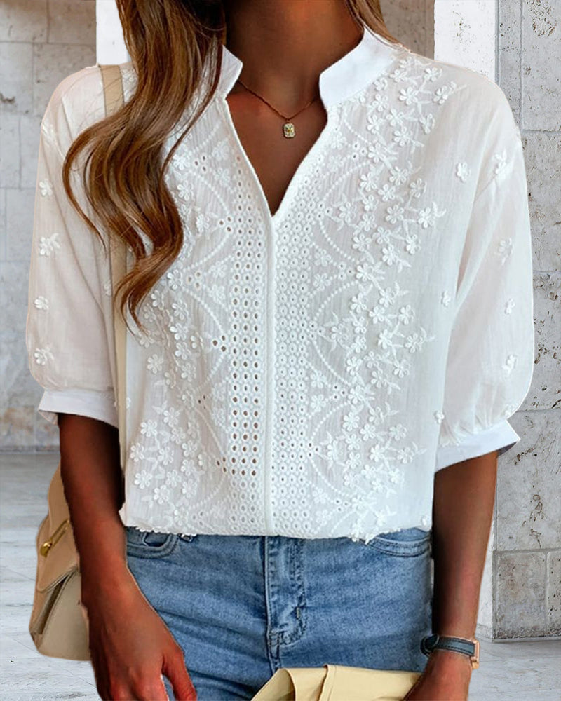 Solène Puff Sleeve V-Neck Blouse in White, view 8