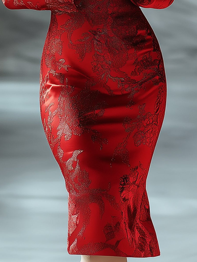 Mathilde Printed Satin Evening Gown in Red, view 3