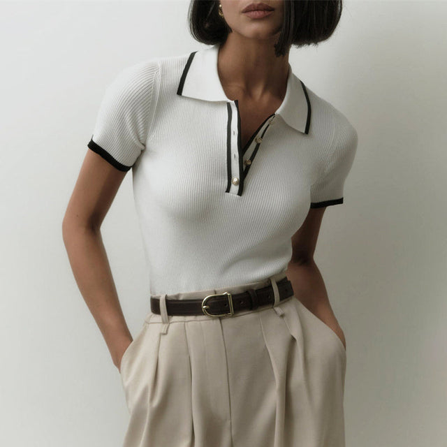 Sylvie Ribbed Knit Top with Contrast Lapel in White, view 1