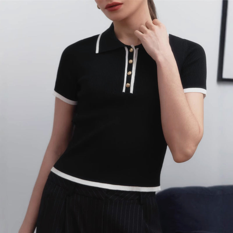Sylvie Ribbed Knit Top with Contrast Lapel in White, view 2