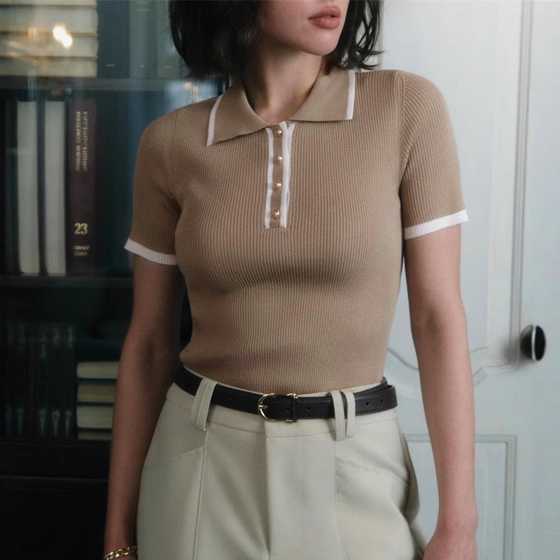 Sylvie Ribbed Knit Top with Contrast Lapel in White, view 3