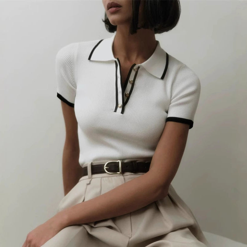 Sylvie Ribbed Knit Top with Contrast Lapel in White, view 4