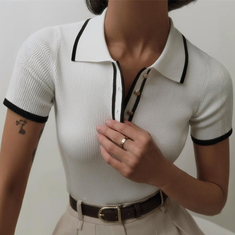 Sylvie Ribbed Knit Top with Contrast Lapel in White, view 5