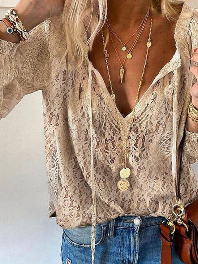 Simone Bohemian V-Neck Blouse in Khaki, view 1