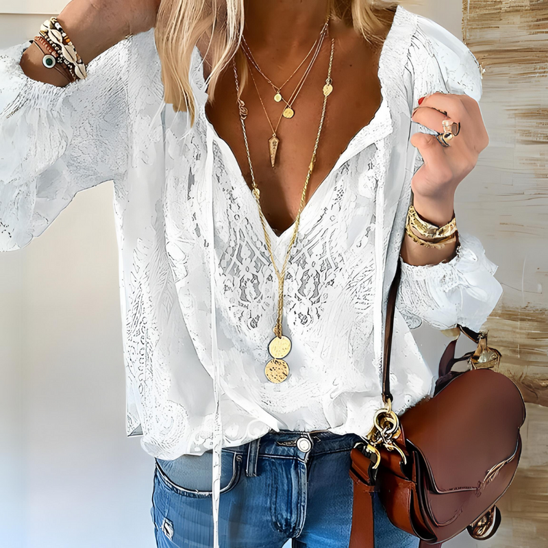 Simone Bohemian V-Neck Blouse in Khaki, view 2